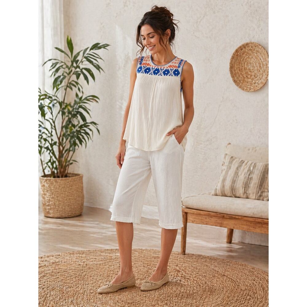 Ivy & Lola Embroidered Boho Sleeveless Blouse Ivory Lined Womens Small Top